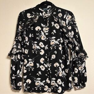 Lauren Ralph Lauren Women’s Shirt Floral Long Sleeve Ruffled Blouse Black Size M